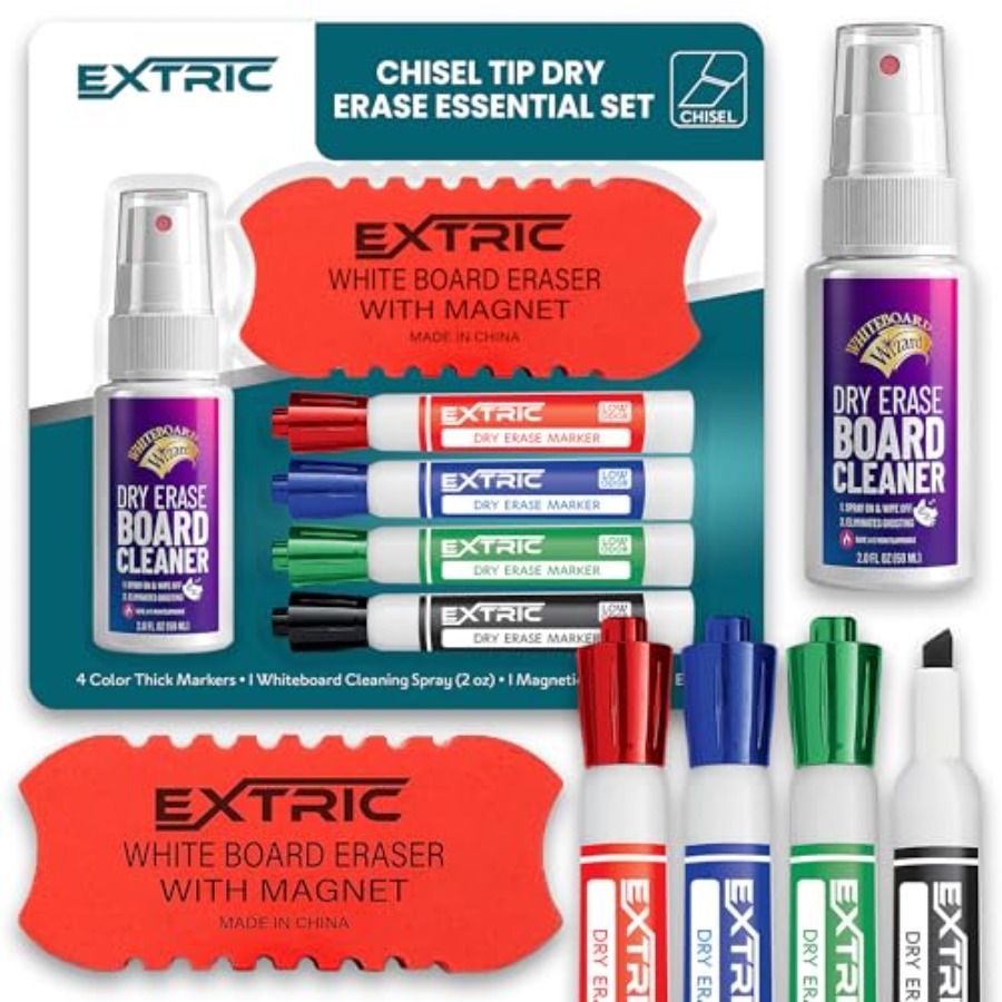 Whiteboard Marker Set - ชุดปากกาไวท์บอร์ดแบบลบได้, ปากกาไวท์บอร์ด 4 ด้าม, น้ำยาทำความสะอาดไวท์บอร์ดและยางลบ, ปากกาไวท์บอร์ดแบบลบได้กลิ่นน้อยพร้อมชุดยางลบสำหรับโฮ