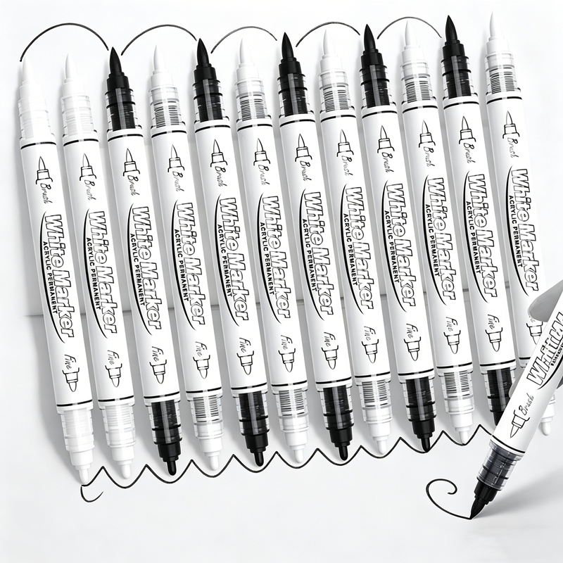 Whiteboard Marker Set - ปากกาเพ้นท์อะคริลิคแบบสองหัว สีดำ/ขาว ขนาดใหญ่ สำหรับงานศิลปะ วาดผ้า ระบายสี